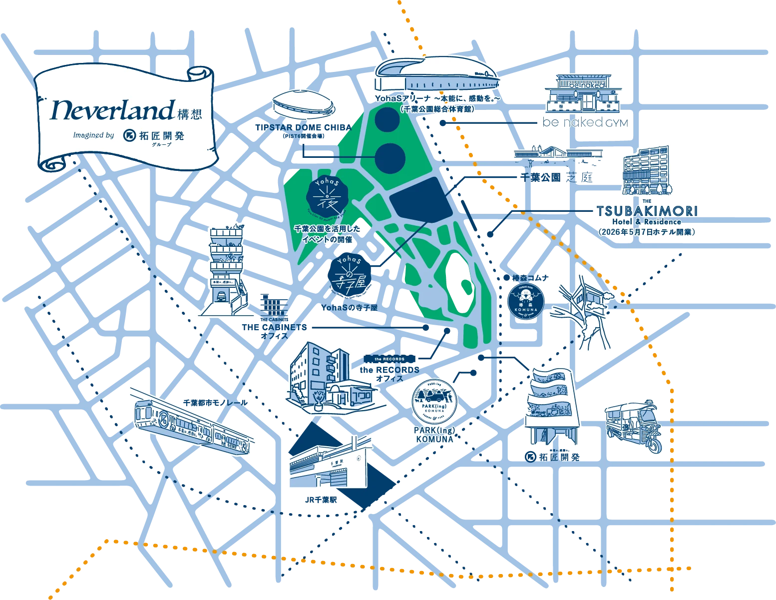 NEVERLANDフィールドツアーで巡る拠点マップ（千葉公園周辺：YohaSアリーナ、千葉公園 芝庭、THE TSUBAKIMORI Hotel & Residence、椿森コムナ、the RECORDS、PARK(ing) KOMUNA、THE CABINETS など）